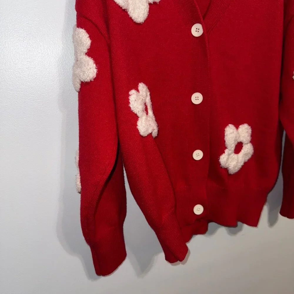Red Button-Up Cardigan With White 3D Floral Design By Cider Long Sleeves Size M - Picture 4 of 6